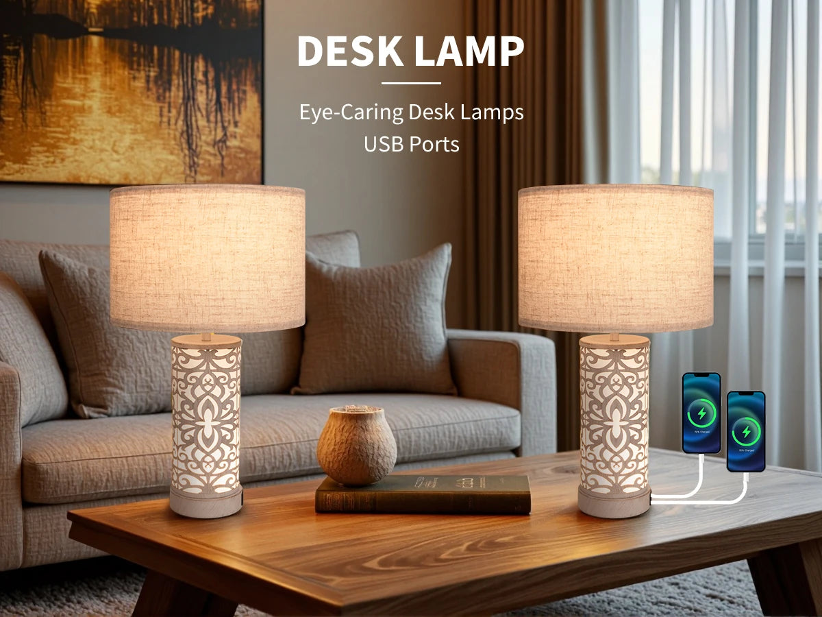 Retro Farmhouse Table Lamp – 2-Pack Dimmable Desk Lamps with USB Charging & Night Light
