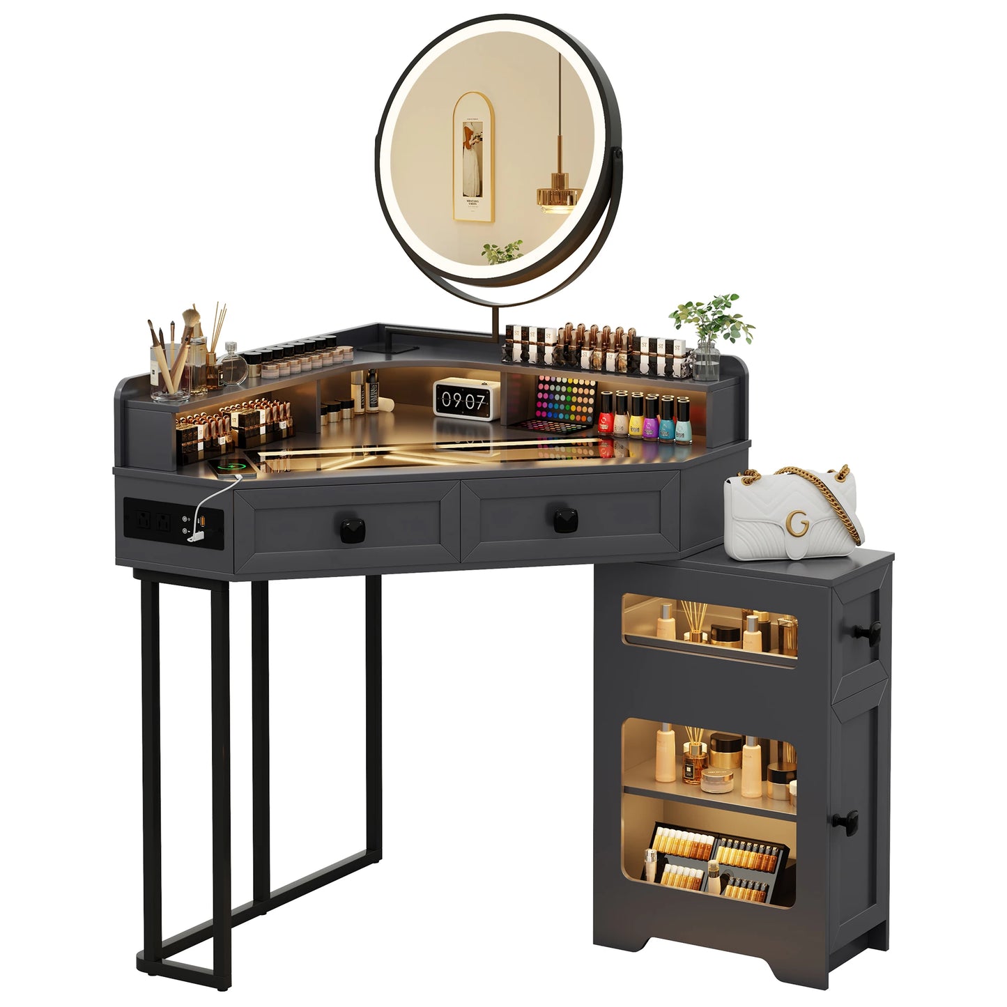 Corner Vanity Desk with Mirror & Lights – Modern Makeup Station