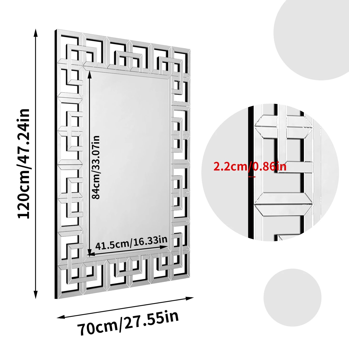 Rectangle Silver Venetian Art Mirror – Beveled Glass Wall Accent for Living Room, Bedroom, or Bathroom, Upgraded 120cm