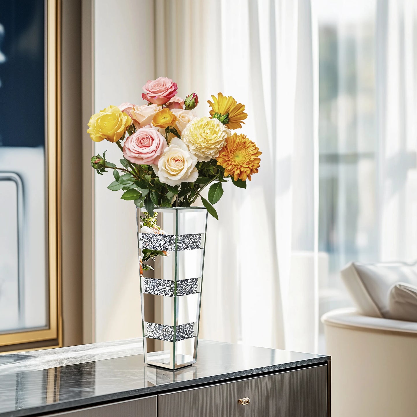 Tall Crushed Diamond Floor Mirror Vase – Modern Crystal Glass Centerpiece