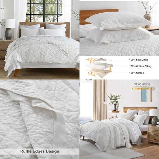 King Size Linen-Cotton Quilt Set – Pre-Washed White, Diamond Stitch Pattern, Pillow Shams Included