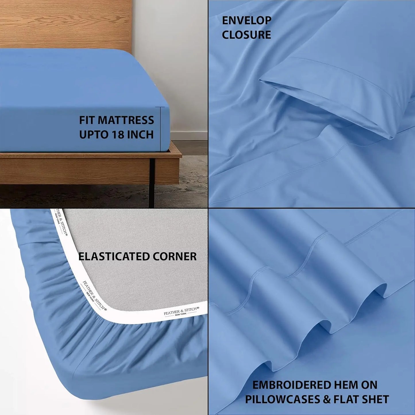 Feather Stitch 500 TC Queen Cotton Sheet Set – 4 Pieces, Deep Pocket