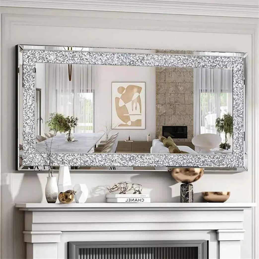 120x60cm Crystal Crush Diamond Wall Mirror – Silver Rectangular Decorative Mirror for Bathroom, Bedroom, Dining Room, and Living Room