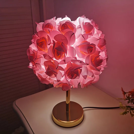 High-End LED Table Lamp with 52 Rose Flower Shade – Polished Metal Base