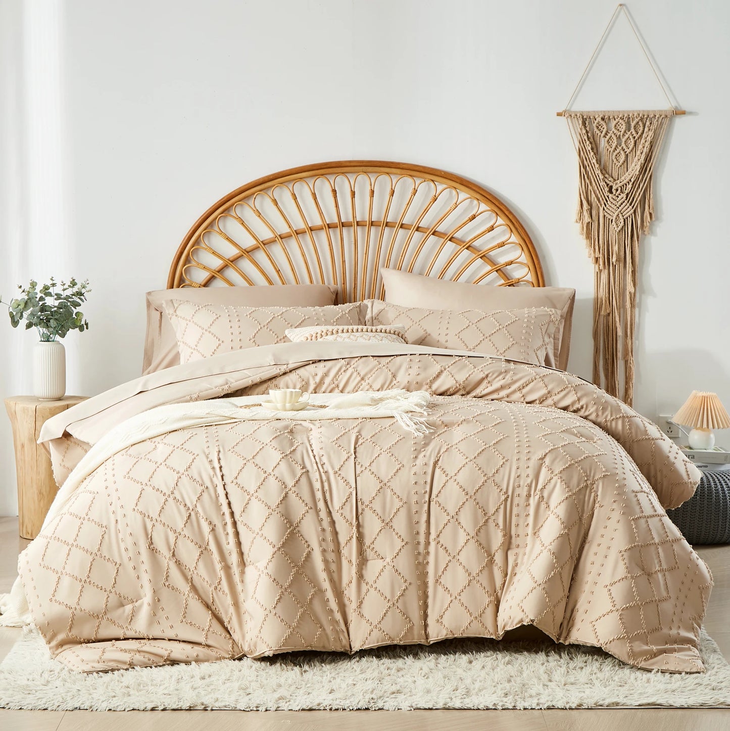 Tufted Boho Comforter Set – Farmhouse Shabby Chic Embroidery, Soft Jacquard