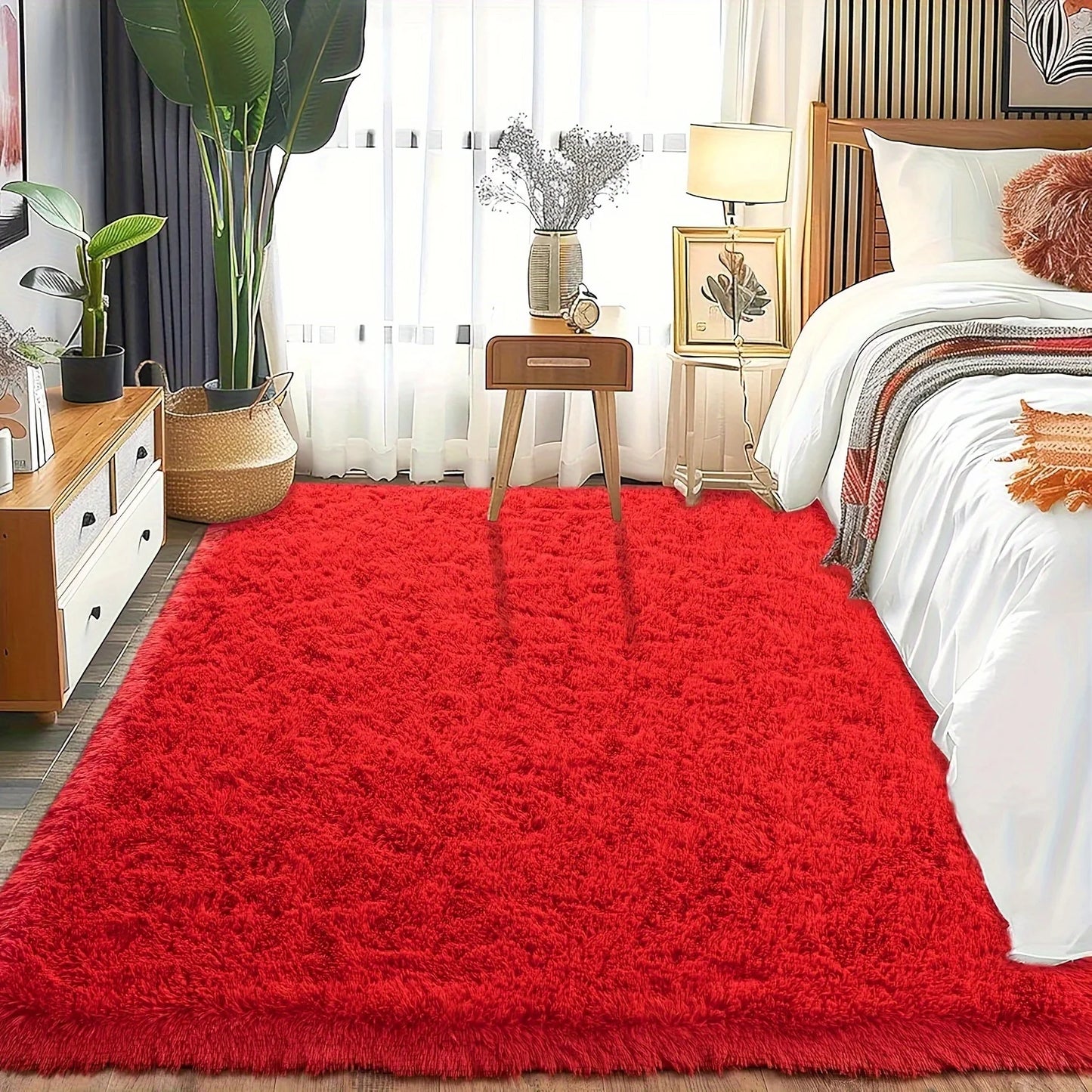 Red Fluffy Plush Non-Slip Carpet – Soft Area Rug with 4 Stickers