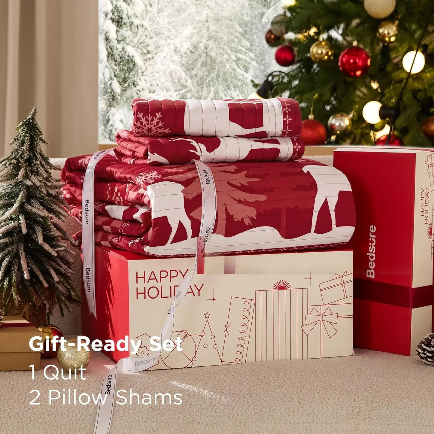 Christmas Quilt Bedding Set – Red, King Size, Reversible