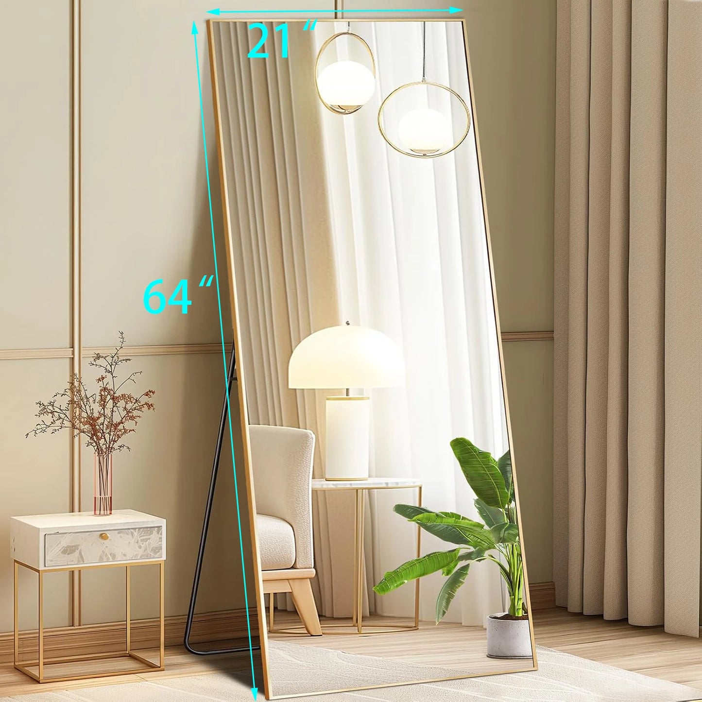 64"x21" Full-Length Floor Mirror – Aluminum Frame, Shatterproof Nano Glass