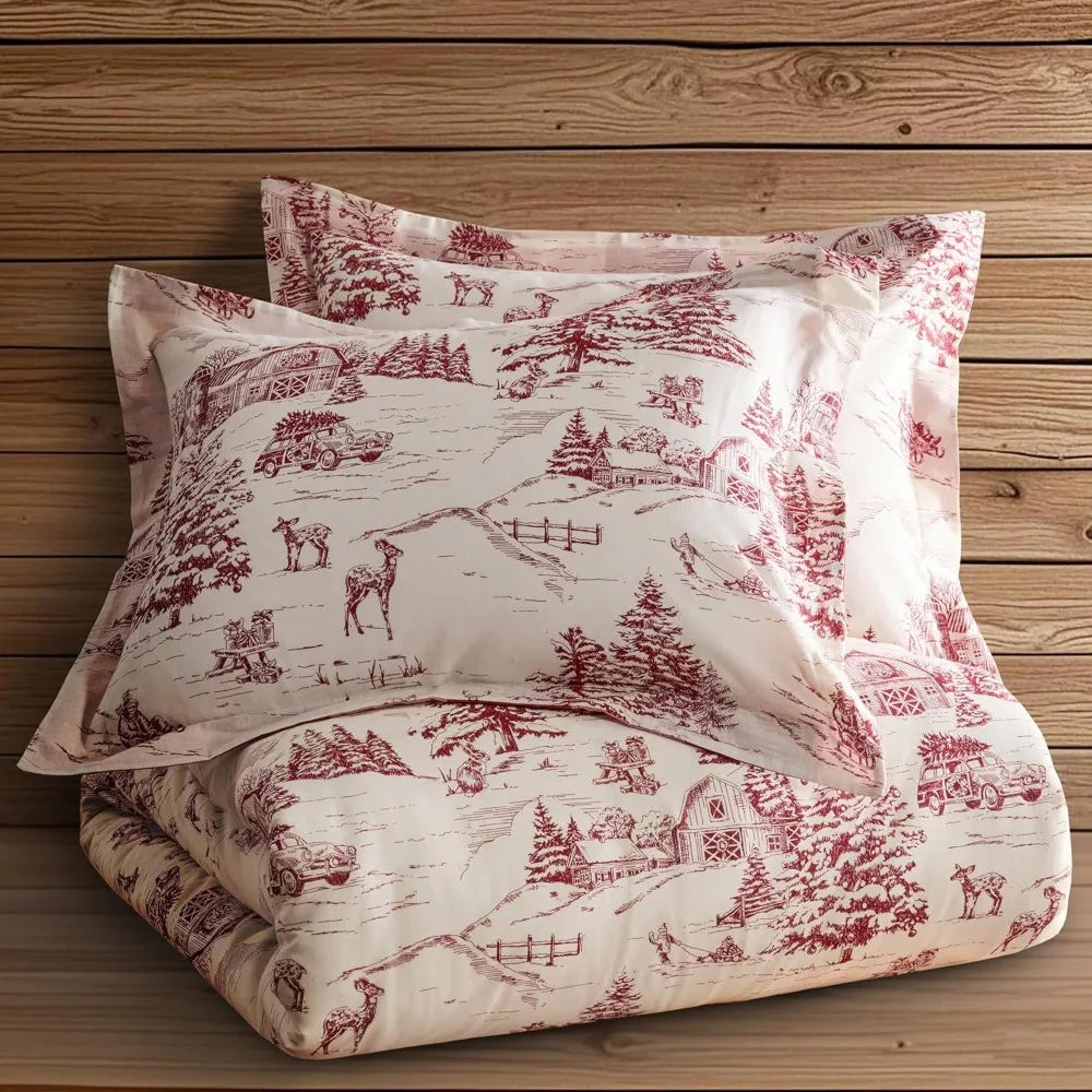 Levtex Home King Duvet Cover Set – Winter Sleigh Ride Red & Cream Reversible Bedding with 2 Shams