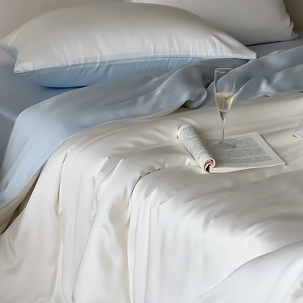 Liv Esthete 100% Silk 4-Piece Bedding Set – White Blue | Duvet Cover, Flat Sheet & 2 Pillowcases