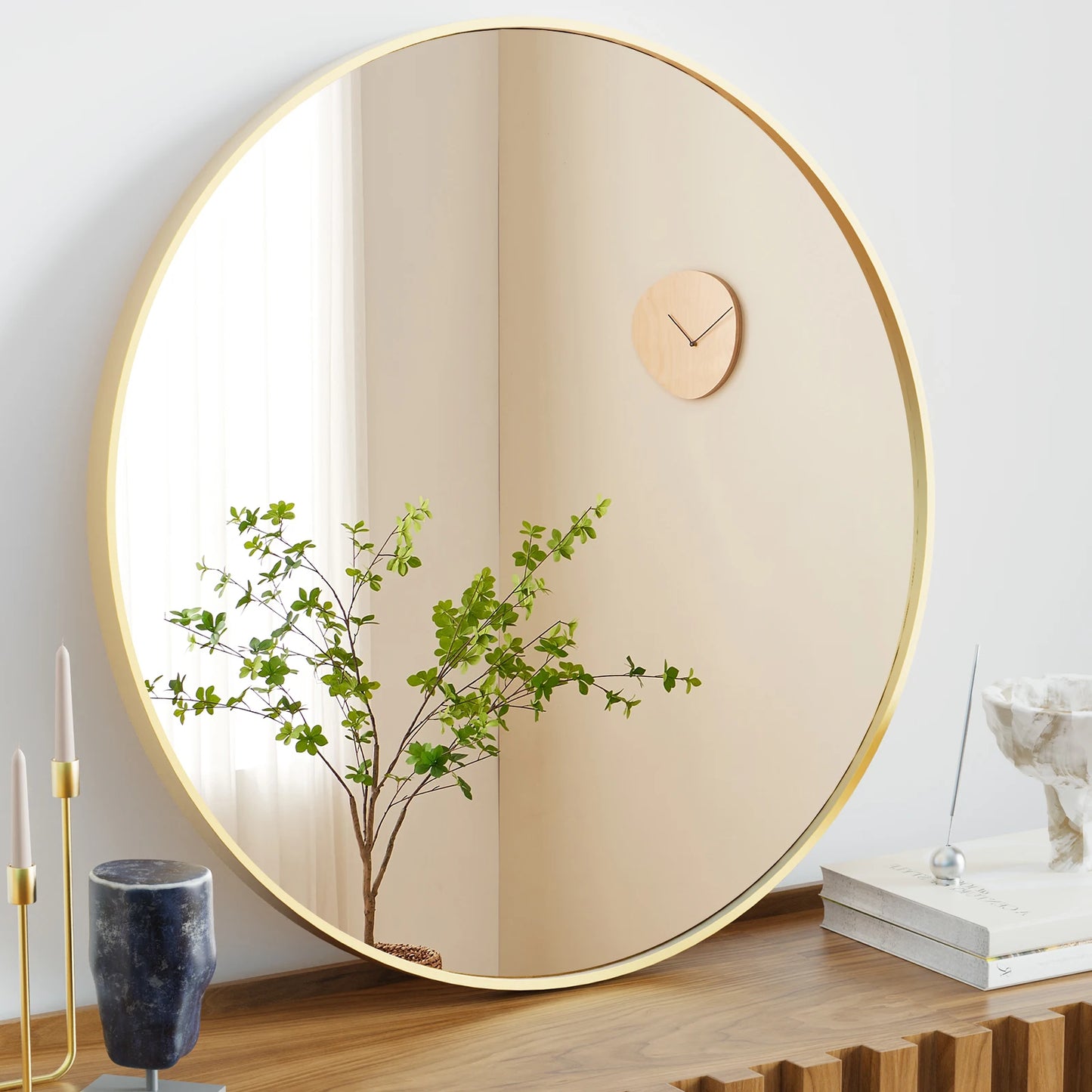 Large Gold Round Wall Mirror – Matte Metal Frame, Modern Vanity Mirror
