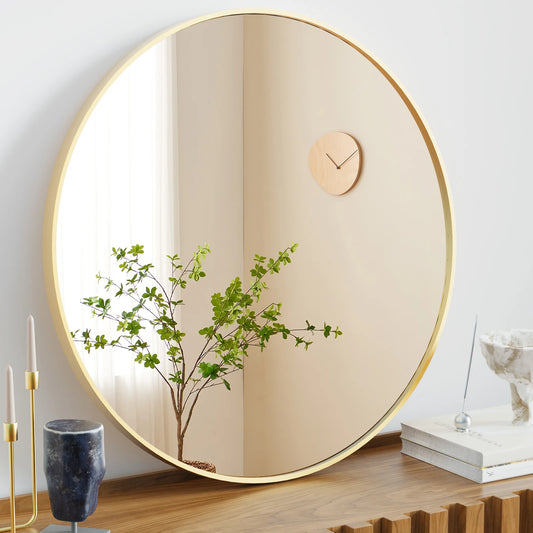 Large Gold Round Wall Mirror – Matte Metal Frame, Modern Vanity Mirror