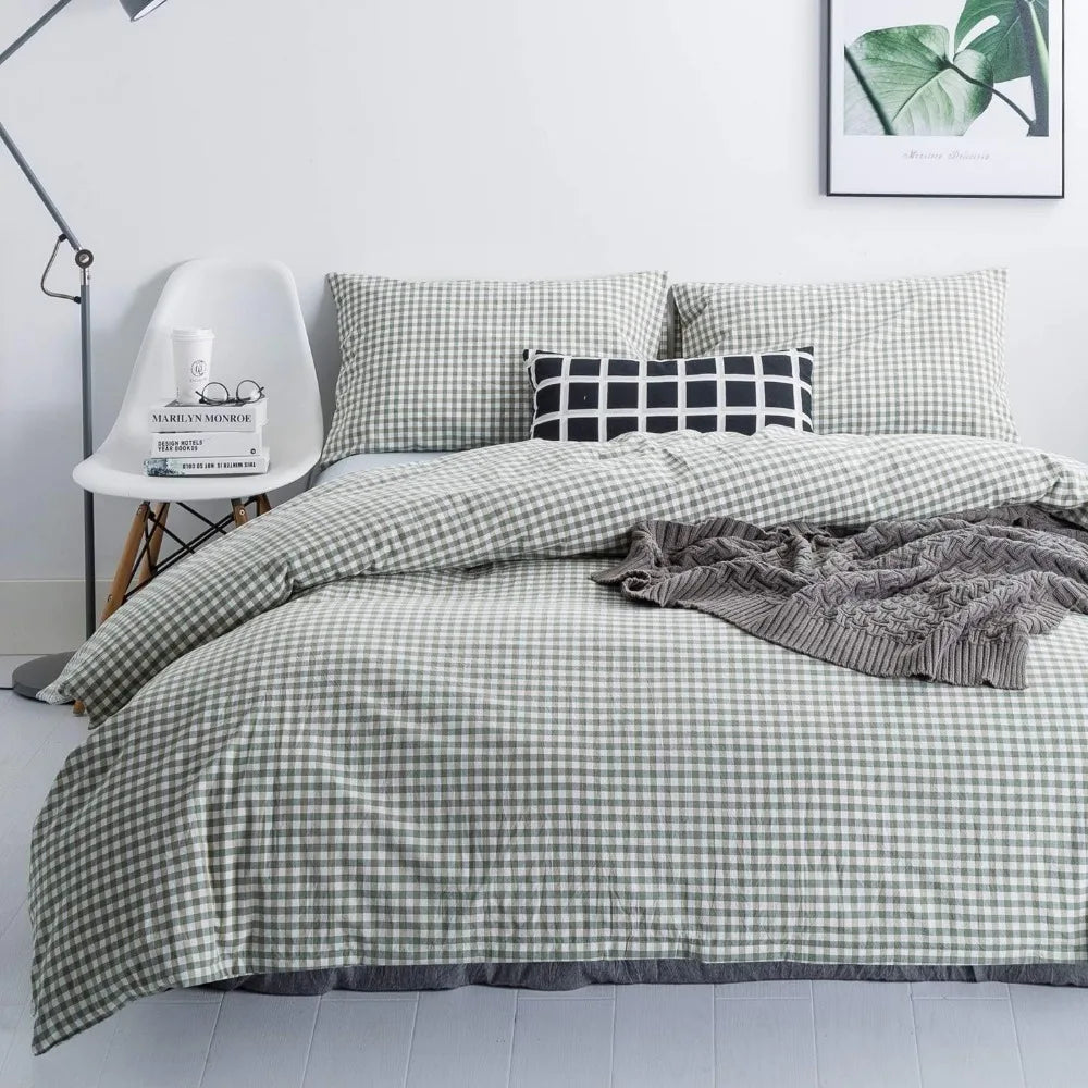 Green Gingham King Size Duvet Cover Set – 3 Piece  100% Cotton | Washed for Softness | Plaid Bedding with Zip Closure
