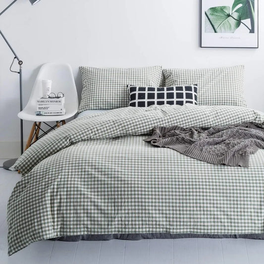 Green Gingham King Size Duvet Cover Set – 3 Piece  100% Cotton | Washed for Softness | Plaid Bedding with Zip Closure
