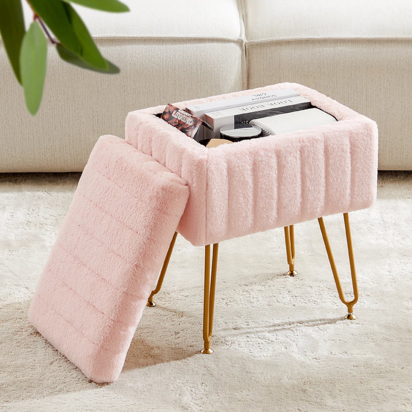 Faux Fur Hidden Storage Stool & Ottoman – Padded Makeup Chair with Metal Legs