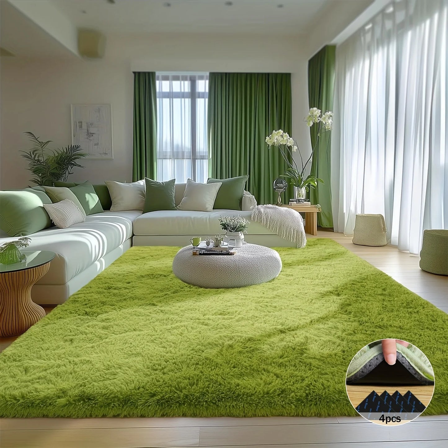 Room Decor Rug – Grass Green Soft Shaggy Non-Slip Luxury Plush Carpet with 4 Rug Stickers