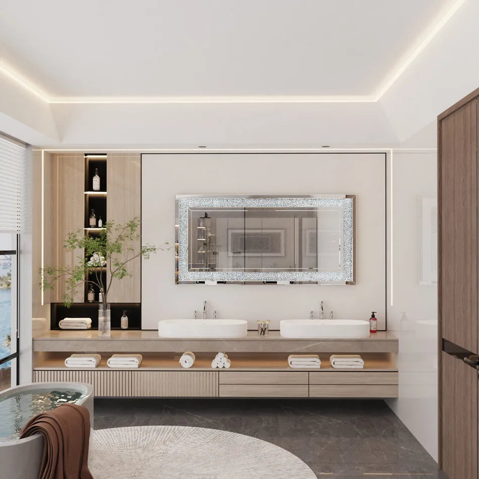 Large Silver Crystal Diamond Wall Mirror – Sparkly Rhinestone Vanity Mirror for Bedroom, Bathroom, Living Room & Hotel Decor