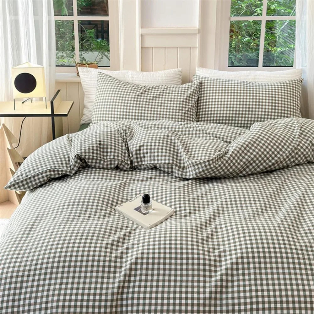 Queen Size Cotton Plaid Duvet Cover Set – Washed Green Gingham 3-Piece Bedding 🍃🛏️