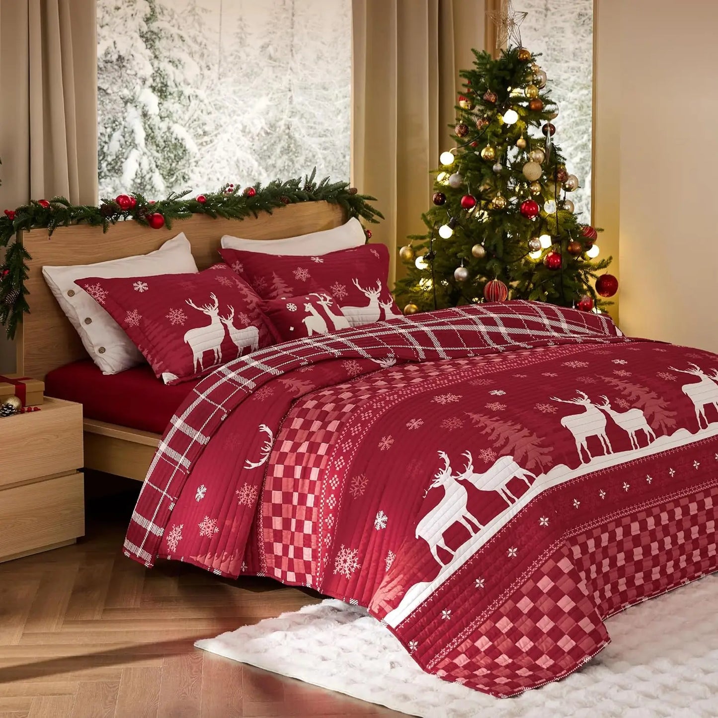 Christmas Quilt Bedding Set – Red, King Size, Reversible