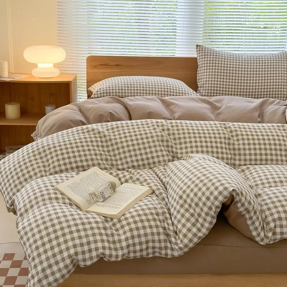 Queen Gingham Plaid Duvet Cover Set – Tan Washed Microfiber, Soft & Lightweight Bedding