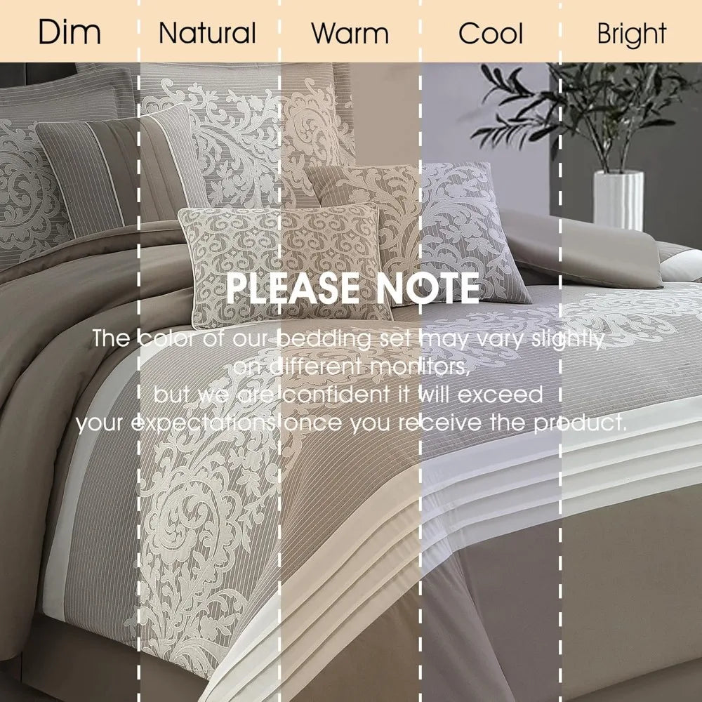 Queen Size Taupe Damask Jacquard Comforter Set – 7-Piece All-Season Soft Bedding Ensemble with Decorative Pillows & Bed Skirt