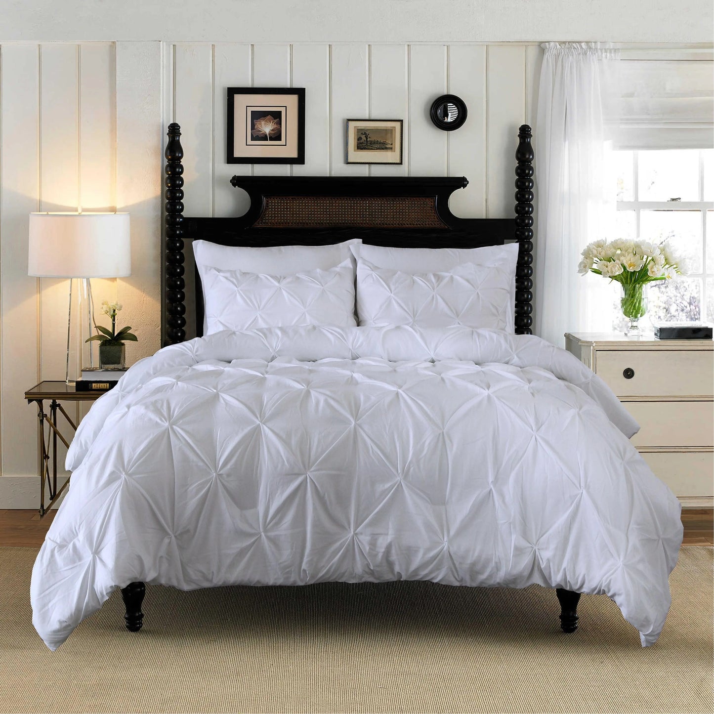 3-Piece Cotton Bedding Set – Elegant Pinch Pleated Duvet Cover with Corner Ties
