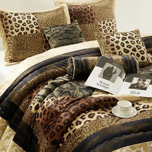 Brown & Gold Leopard King Comforter Set – 9-Piece Safari Animal Print Bedding with Bed Skirt, Pillows & Curtains