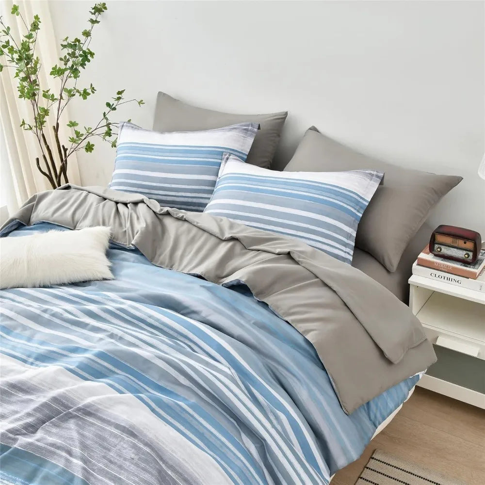 Full Size 7-Piece Striped Comforter Set – White, Grey & Blue All-Season Bedding Set with Sheets and Pillowcases