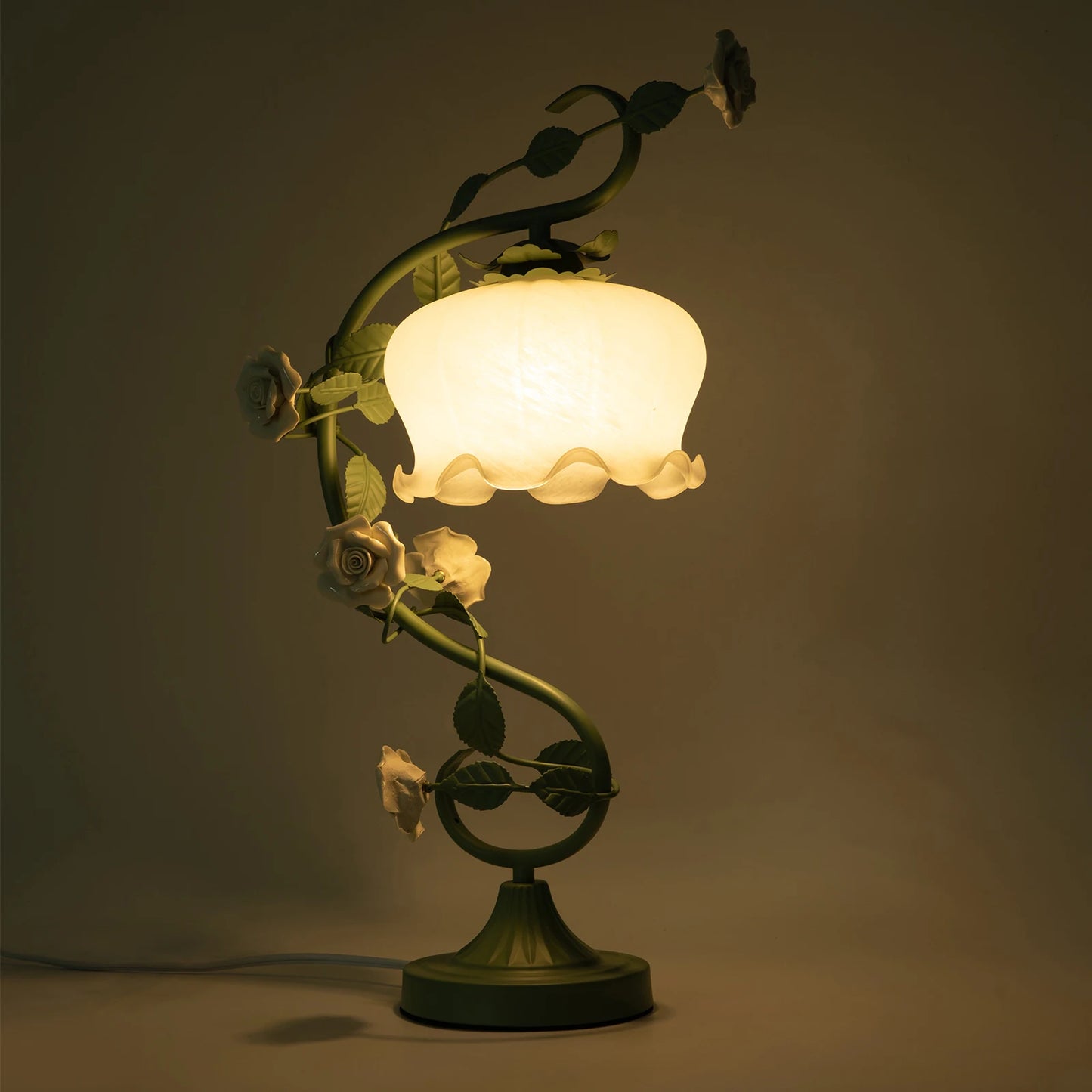 Flower Petal Table Lamp – White Rose Nightstand Lamp with Glass Shade, 20-Inch Bedside Desk Light