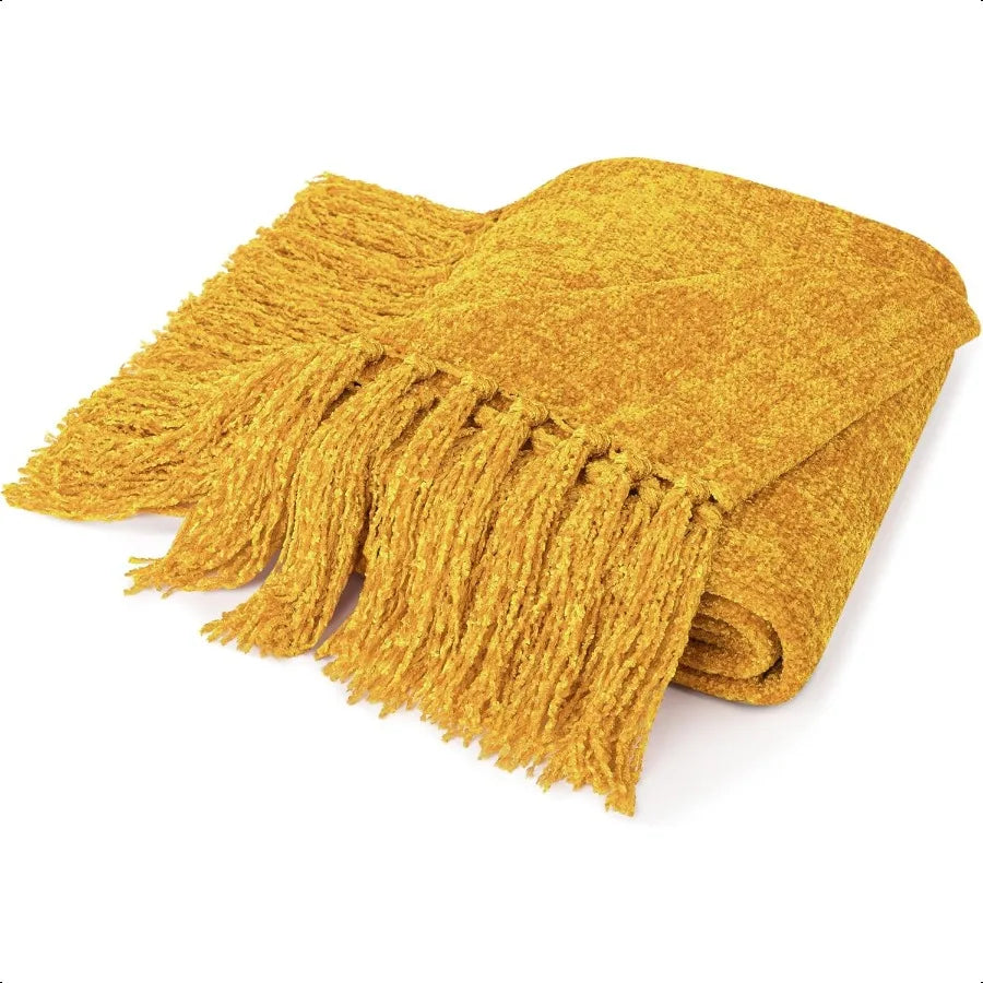 Mustard Yellow Knit Throw Blanket – 50x60 Inches, Soft Cotton with Tassels