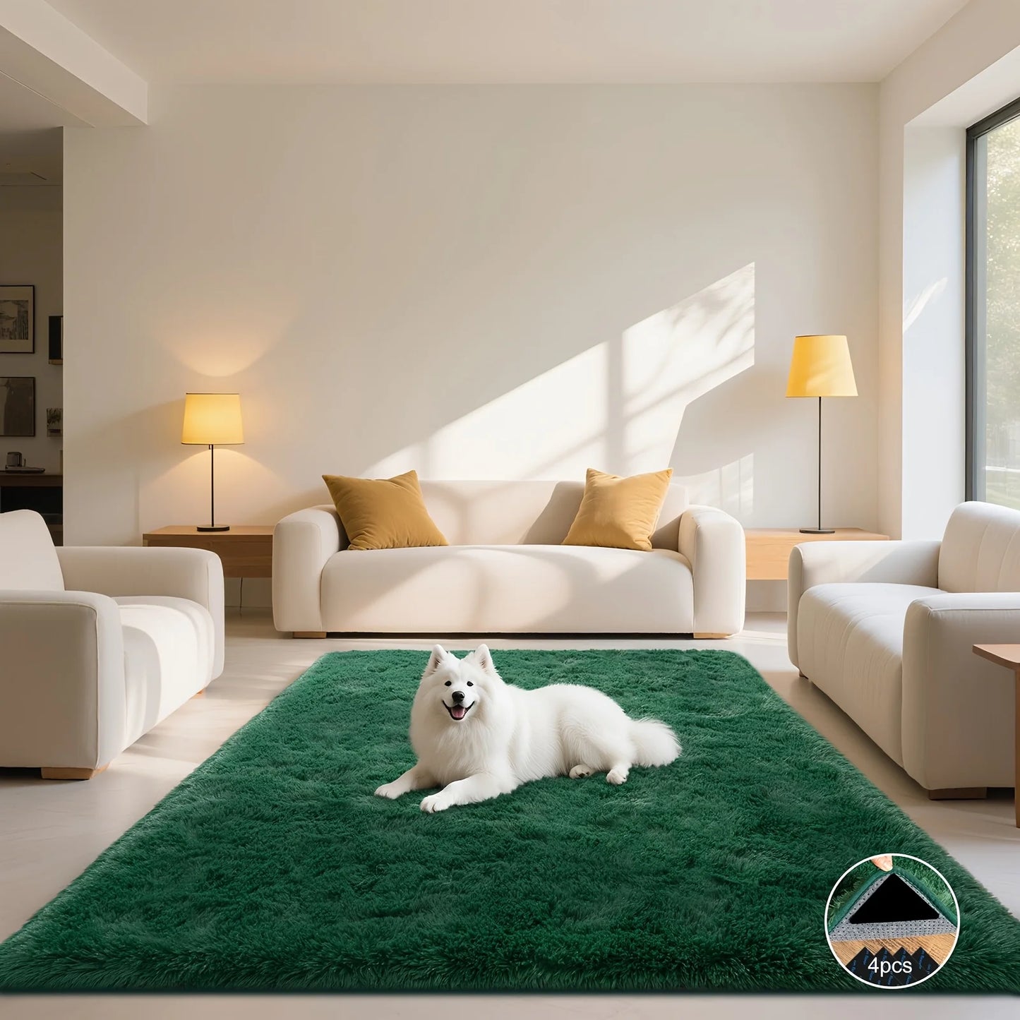 Dark Green Soft Shaggy Non-Slip Rug – Luxury Plush Carpet with 4 Rug Stickers