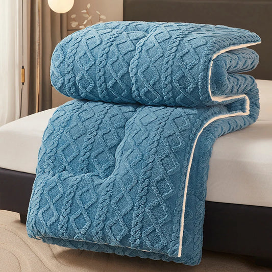 1pc Taffeta & Lamb’s Wool Quilt – Thick, Geometric Bohemian Design, Microfiber Bedding