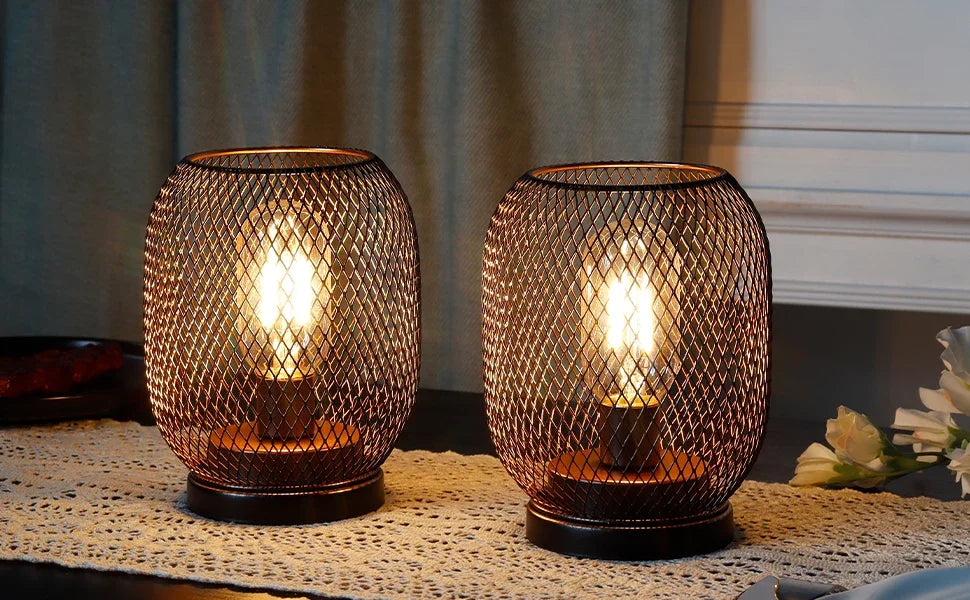 Set of 2 Metal Cage LED Candle Lanterns – Battery-Powered Decorative Table Lamps for Indoor or Outdoor Use