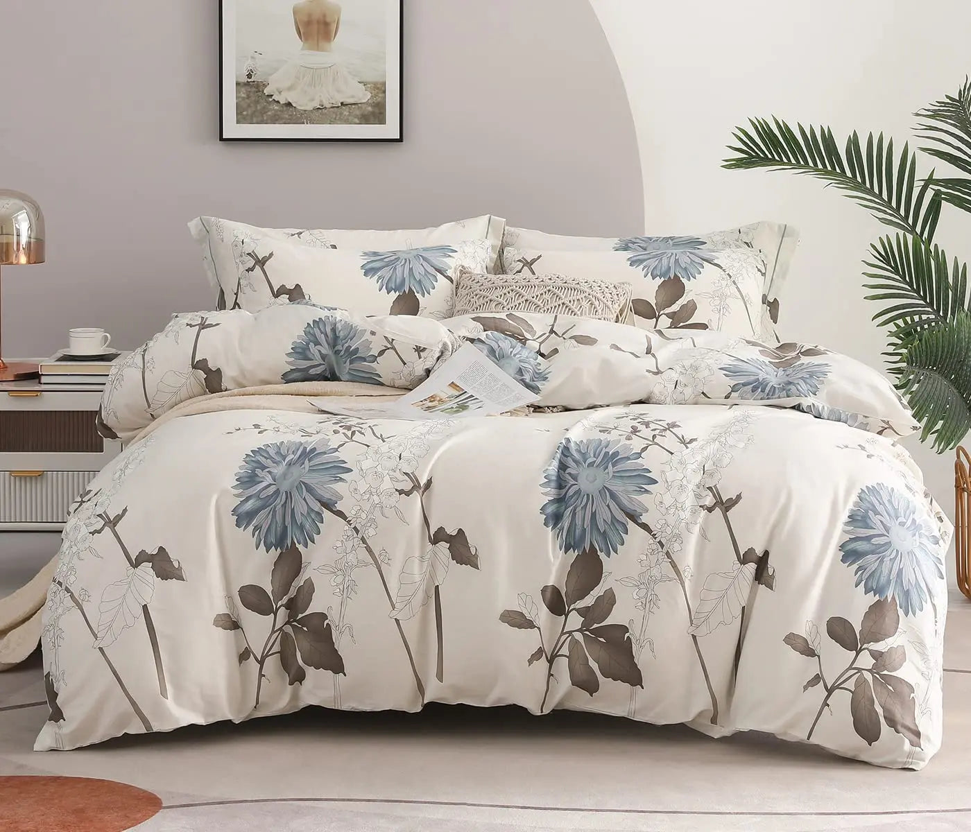 Floral Cotton Comforter Set – 600 Thread Count Down Alternative Bedding with Botanical Branch Design
