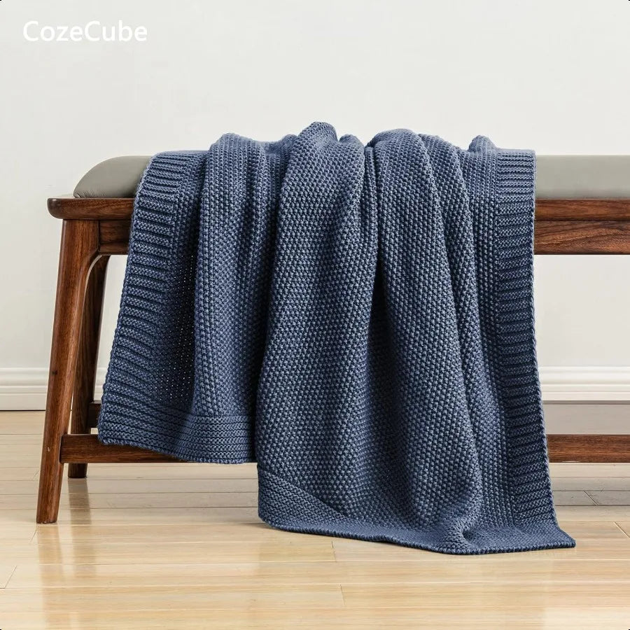 Blue Cable Knit Throw Blanket – Soft Cotton, Cozy & Lightweight
