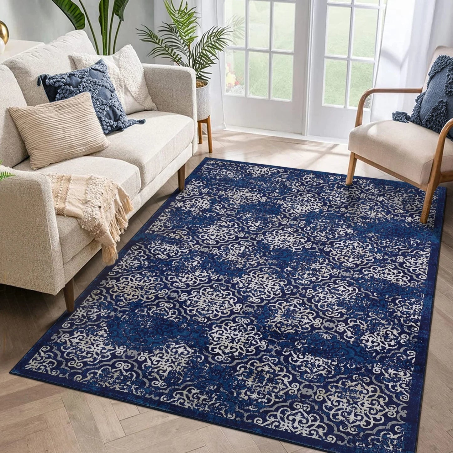 Soft Floral Washable Area Rug – Large Low Pile Carpet for Living Room or Bedroom