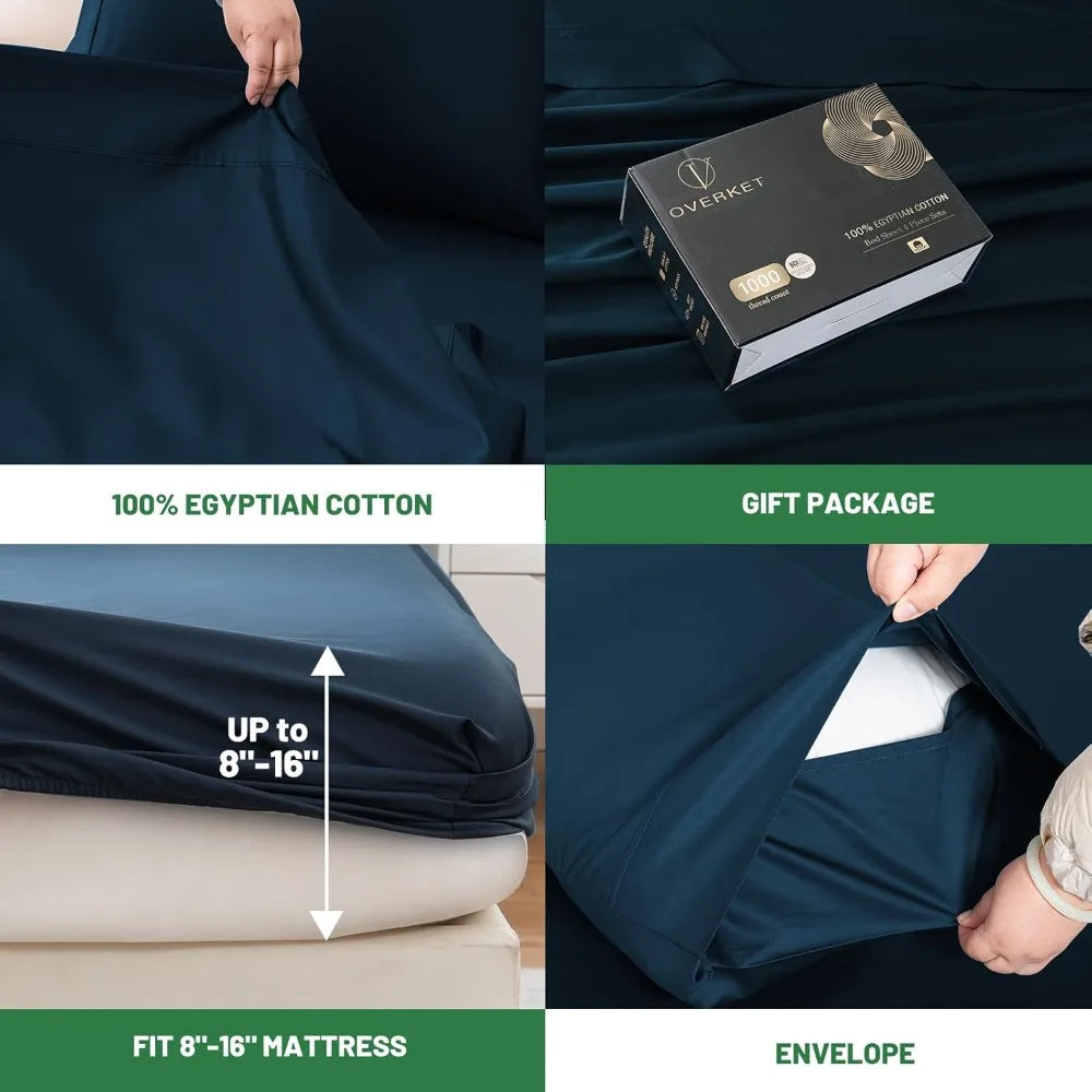 Luxury 100% Egyptian Cotton Queen Sheet Set – 4-Piece Deep Pocket Bed Sheets