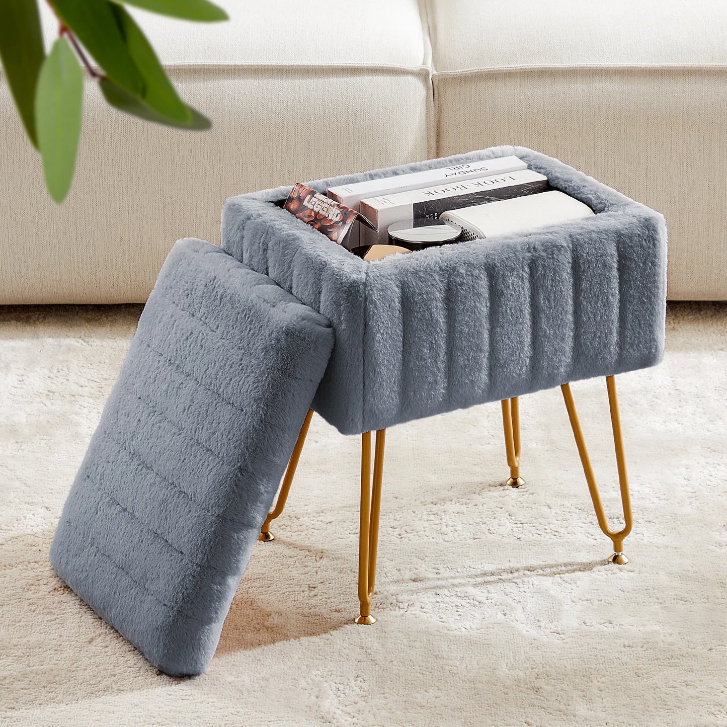 Faux Fur Hidden Storage Stool & Ottoman – Padded Makeup Chair with Metal Legs