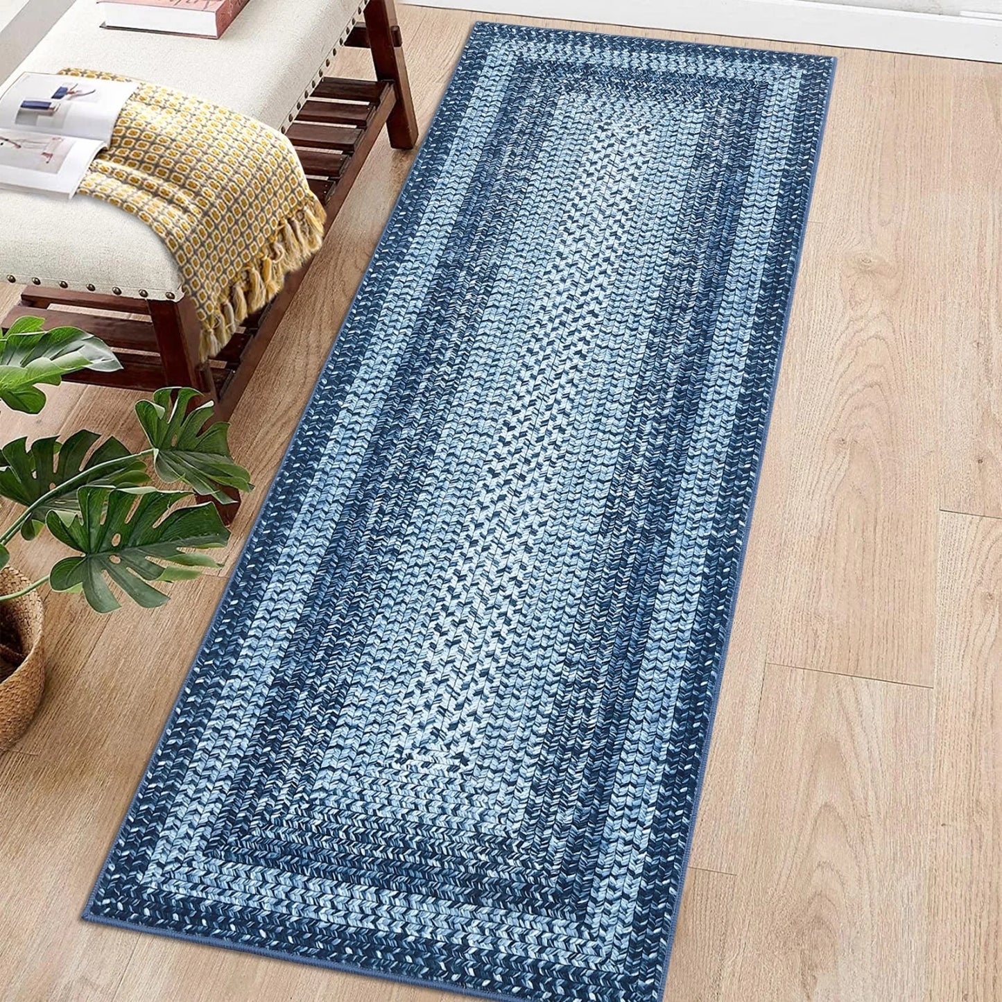Braided Print Washable Area Rug – Soft Low Pile Non-Slip Carpet