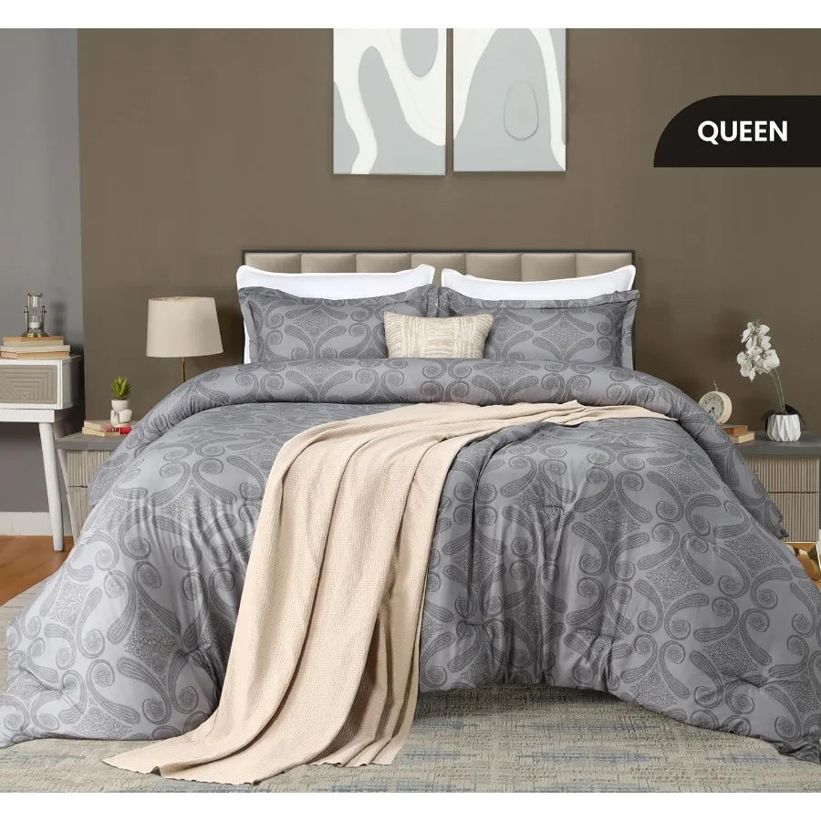 Paisley Grey Floral Comforter Set – Lightweight 3-Piece Queen Down-Alternative Bedding
