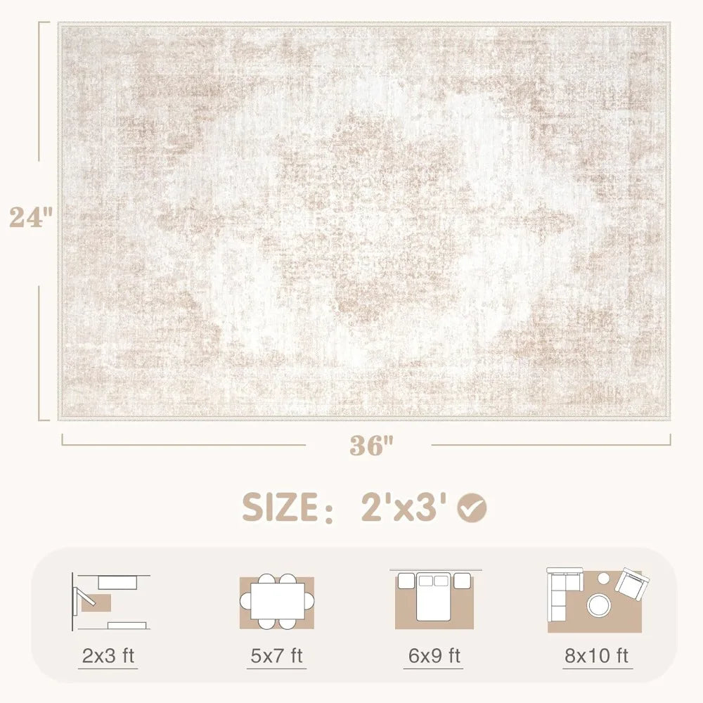 Vintage Area Rug Large Washable Low Pile Medallion Distressed Non-Slip Carpet