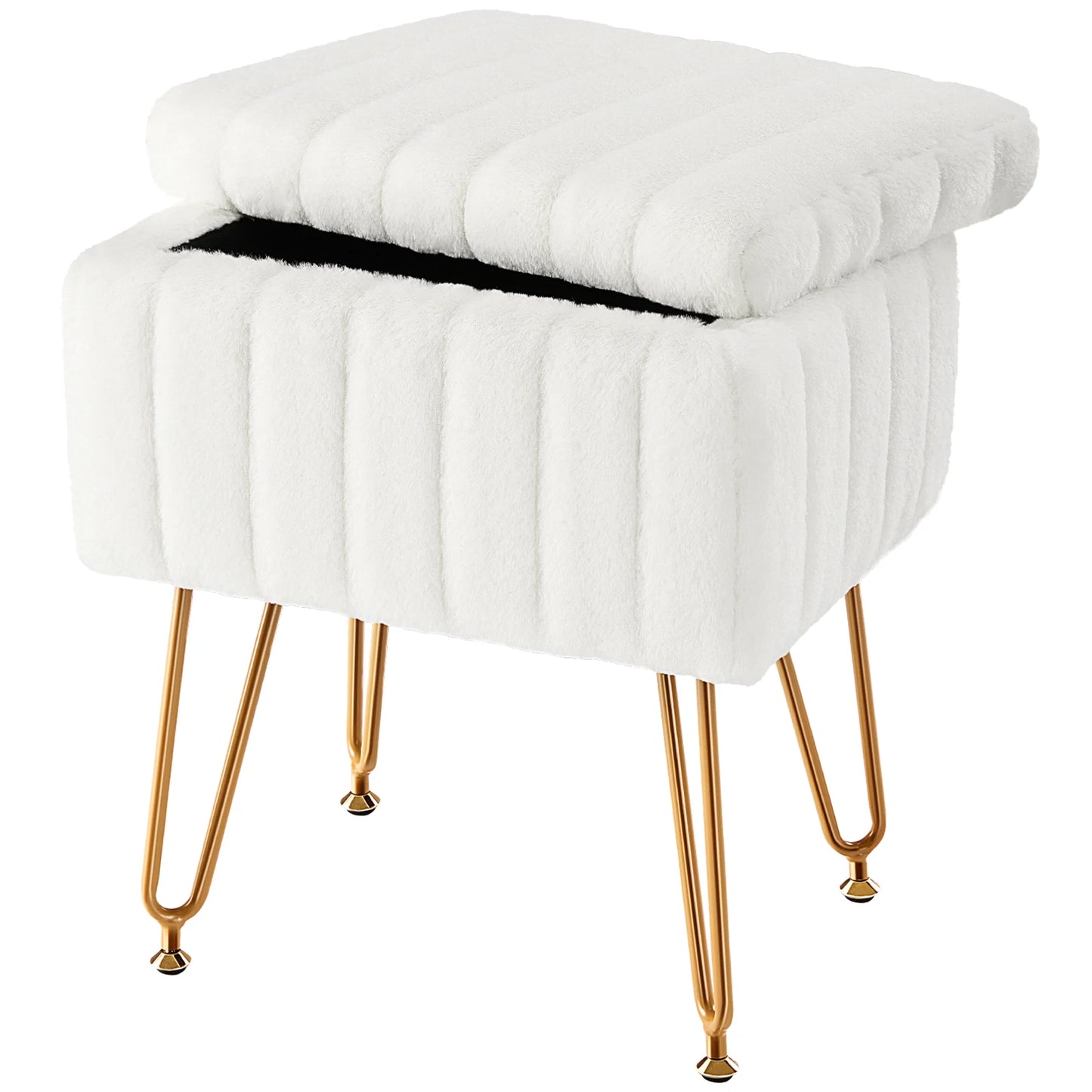 Faux Fur Hidden Storage Stool & Ottoman – Padded Makeup Chair with Metal Legs
