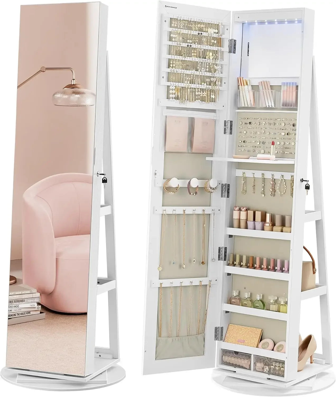 6-LED Lockable Jewelry Cabinet with Full-Length Mirror