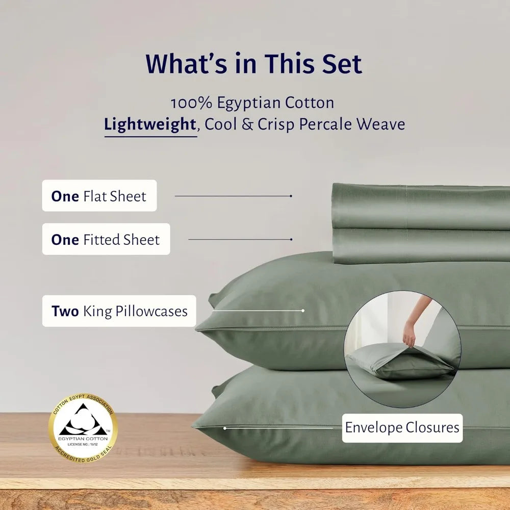 Luxury Egyptian Cotton Percale Sheet Set – King Size, Sage Mist Gray