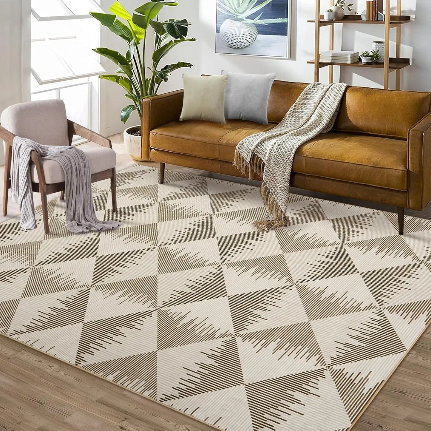 Modern Neutral Washable Area Rug – Low Pile Farmhouse Carpet