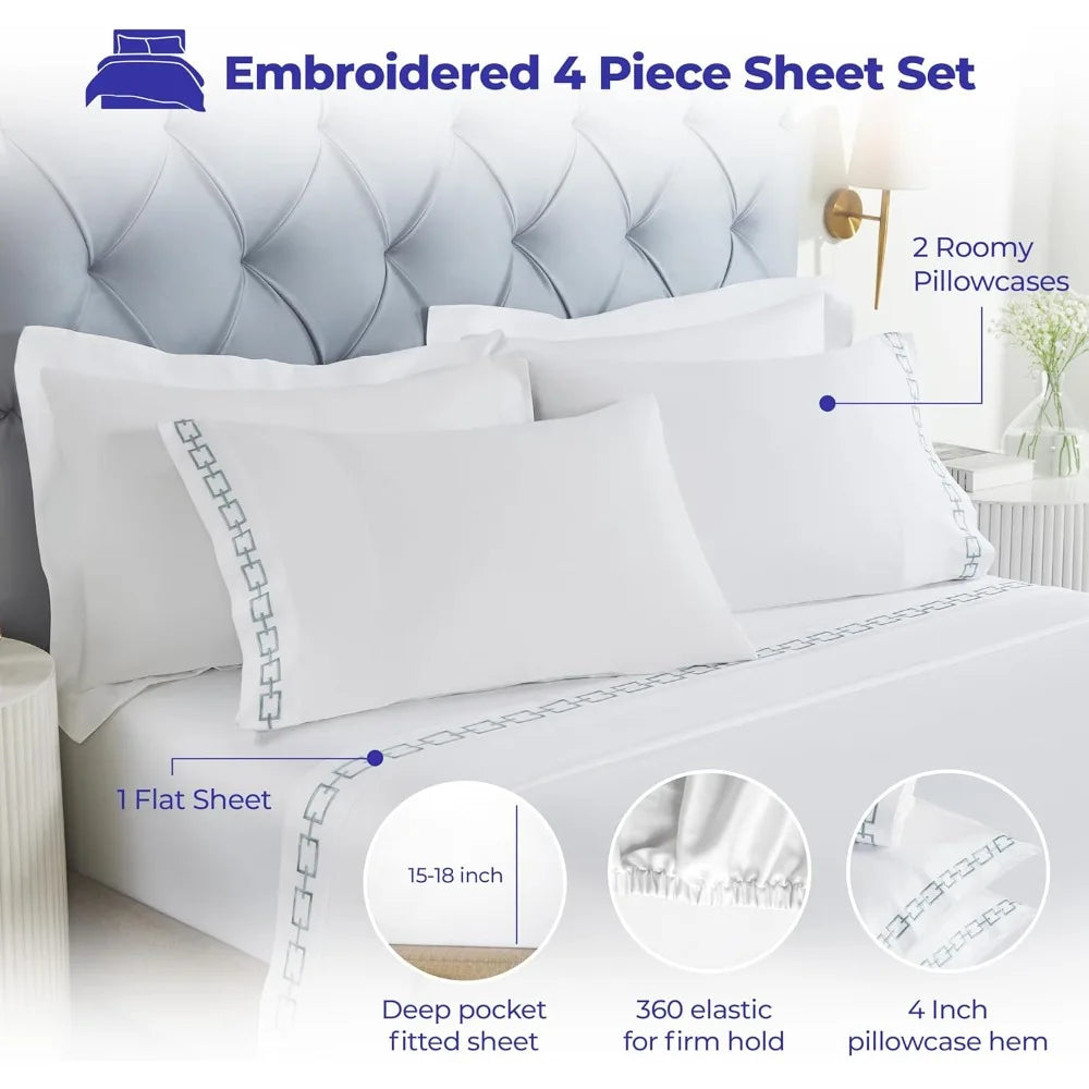 White & Silver Chain Link Embroidered 100% Cotton King Sheet Set | Luxury Sateen Bedding