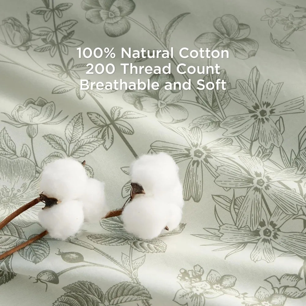 King Size Floral Comforter Set – Sage Green (3-Piece)  100% Cotton & Microfiber Filled Bedding with Reversible Design