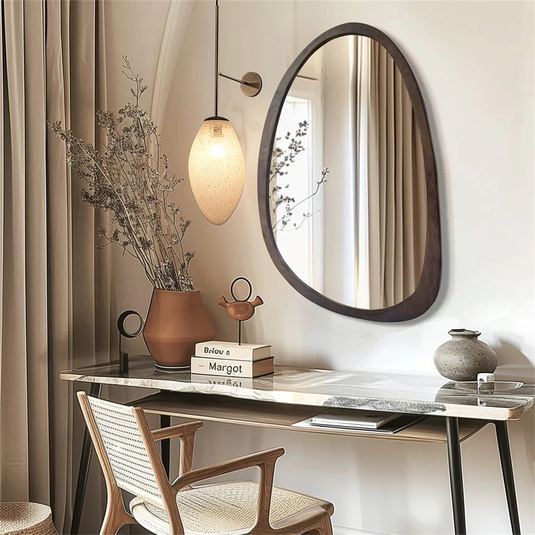 Irregular Decorative Wall Mirror with Black Walnut Wood Frame – Modern Asymmetrical Accent Mirror
