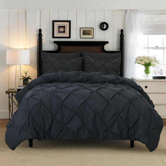 3-Piece Cotton Bedding Set – Elegant Pinch Pleated Duvet Cover with Corner Ties