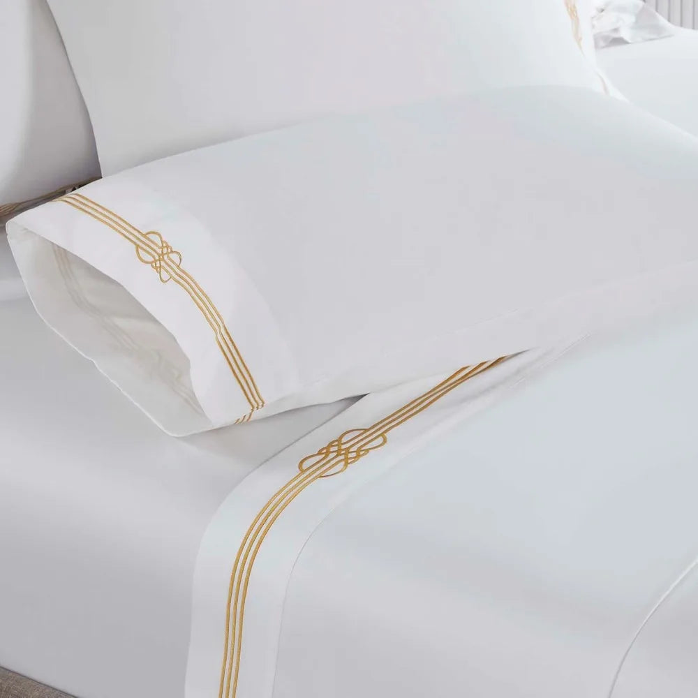Luxury Cotton Bed Sheet Set – Queen Size, White & Gold Sateen